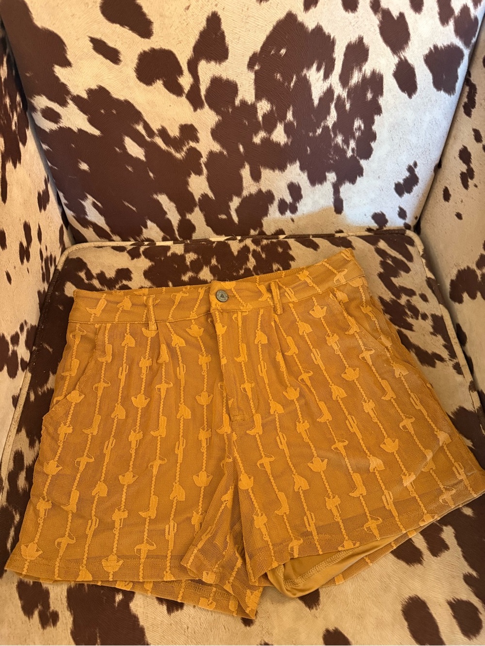 Women's Tan Textured High-Waist Shorts wth Mesh Overlay